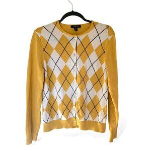 Lands' End Yellow Argyle Button-Up Cardigan – Preppy Knit Sweater Size Medium